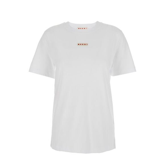 Marni Women White Crewneck T-Shirt With Logo Patch On The Front In Cotton Woman